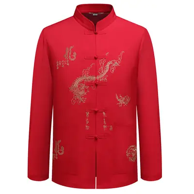 Men's Embroidered Dragon Long Sleeve Chinese Tang Suit Navy