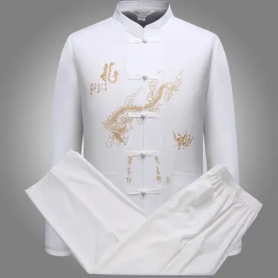 Elderly Chinese Embroidered Dragon Suit Cream Long Sleeve