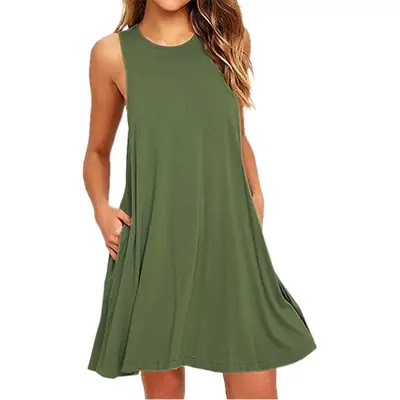 Women's Red Sleeveless V-Neck Vest Dress with Pocket