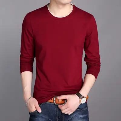 Men Grey Long Sleeve Cotton T-Shirt Slim Fit Round Neck