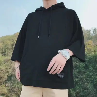 Men Blue Hoodie One Piece 3/4 Sleeve
