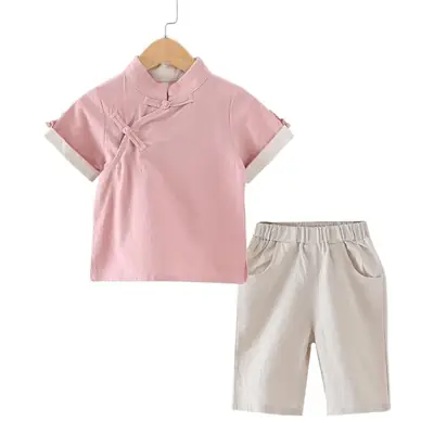 Ethnic Chinese Style Boys Cotton Linen Suit Blue Short Sleeve