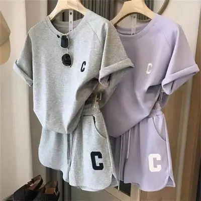 Women's Summer Loose Fit T-Shirt Shorts Set Gray Purple
