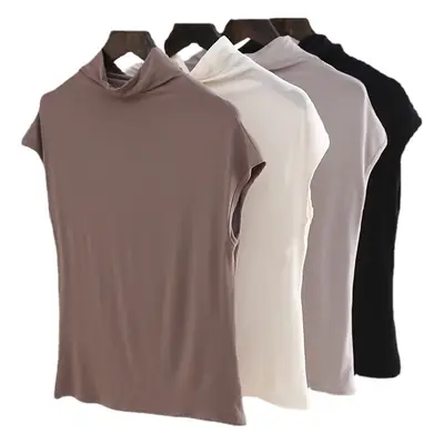 Women's Sleeveless T-Shirt Light Grey Modal High Collar
