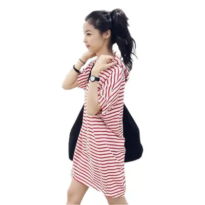 Korean Women Hooded Striped T-Shirt Skirt Set