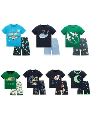 Baby Shark Print Cotton Pajamas Set Blue White