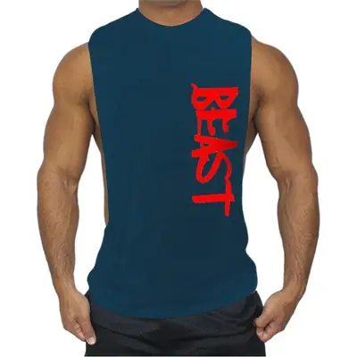 Men Sleeveless Fitness Vest Red Logo Large Split