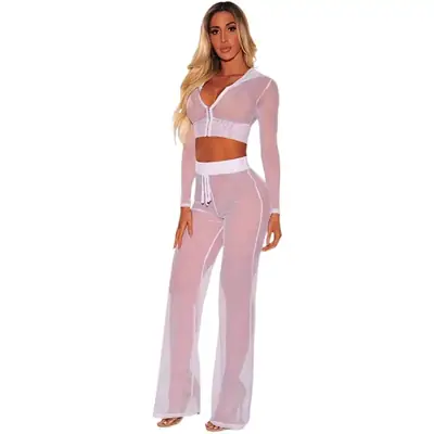 Long Sleeve Hooded Mesh Two-Piece Suit for Women