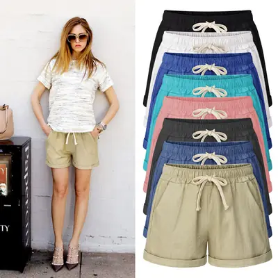 Women Bamboo Cotton Linen Shorts Black Drawstring Plus Size