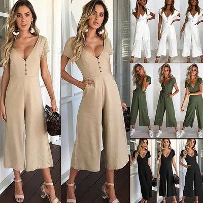 Women Button V-Neck Casual Jumpsuit Beige