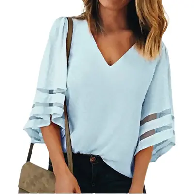Women Loose V Neck Mesh Shirt Bell Sleeves Pink