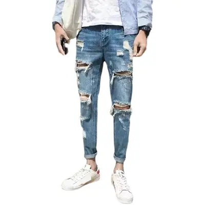 Men Ripped Skinny Jeans White Adidas Sneakers