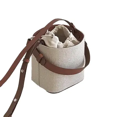 2025 Spring Bucket Bag Canvas Leather Contrasting Brown