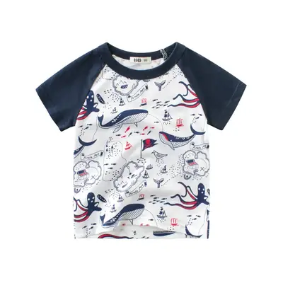 Kids Crew Neck T-Shirt White Blue Korean Style