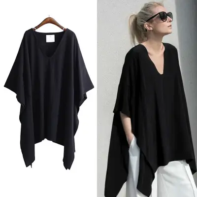 Black V-Neck Loose T-Shirt with Bat Sleeves