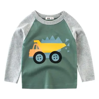 Kids Long Sleeve T-Shirt Cartoon Car Green Grey