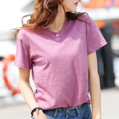 Women V-Neck Cotton T-Shirt Olive Green Short Sleeve