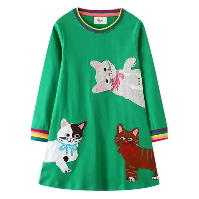 Girls Knitted Long Sleeve Skirt Dress Green Cat Print