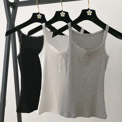 2024 Summer Women's Lace Trim Camisole Black White Grey