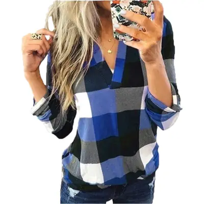European American Women Plaid V-Neck Long Sleeve Tops