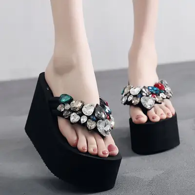 2018 New Summer Style Rhinestone Handmade Ultra-High Flip-Flops Non-Slip Thick-Soled Beach Shoes Sandals and Slippers Platform Heels