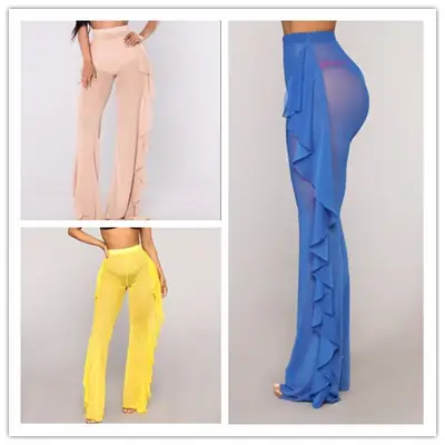 2018 Cross-Border Ruffled Mesh See-Through Pants 9 Colors