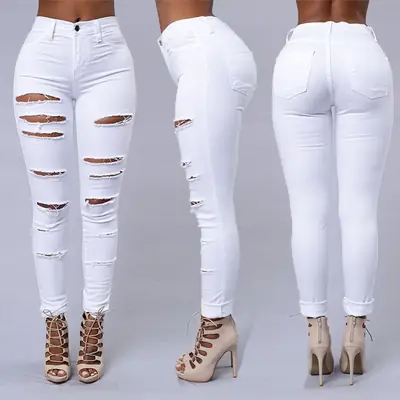 White Ripped Skinny Jeans Women European American