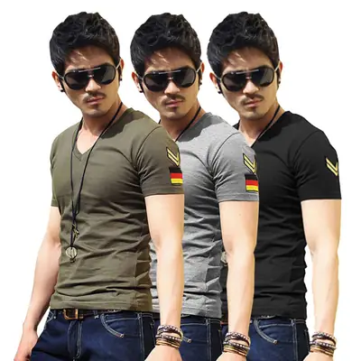 Men Military Fan Embroidered T-Shirt Slim Fit Gray Black