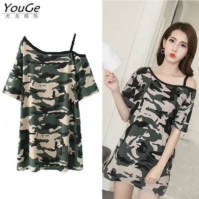 Women's Camouflage T-Shirt Skirt Shoulder Strap Summer Wear