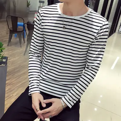 Men Long Sleeve Striped T-Shirt White Black 2018