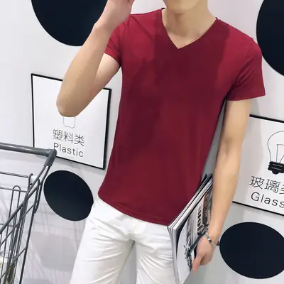 Men Solid Color Short Sleeve T-Shirt V Neck Slim Fit
