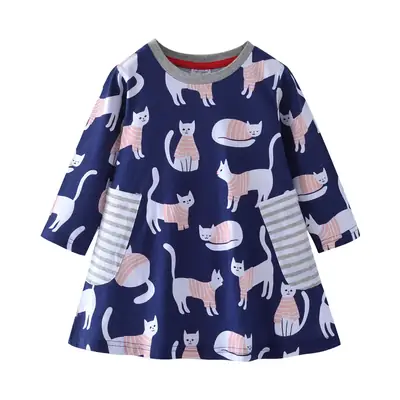 Girls Cotton Knitted Cat Print Dress Long Sleeve