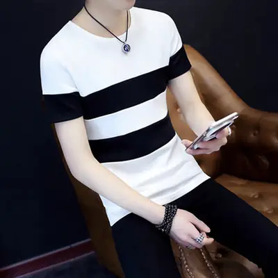 Men Striped T-Shirt White Black Slim Fit Summer Wear