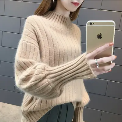 Women's Knitted Half Turtleneck Sweater with Warm Sleeves