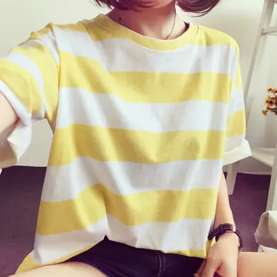Women Korean Striped T-Shirt Green White Loose Summer Top