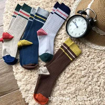 Double-Needle Mid-Calf Socks for Kids Color-Blocking Warm
