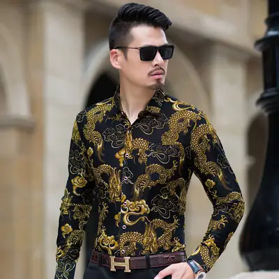 2019 Printed Long Sleeve Shirt Blue Gold Dragon Pattern