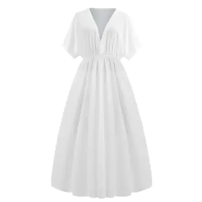 White V-Neck Sleeve Split Dress for Women