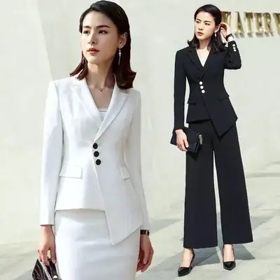 Women Slim Fit Black Suit with Button Front