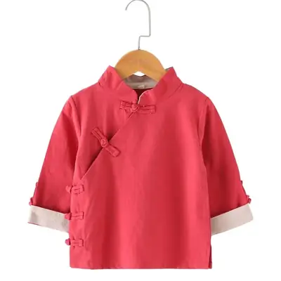 Chinese Style Boys Cotton Linen Top Solid Red Oblique