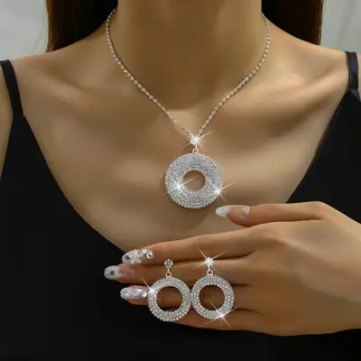 Women's Full Diamond Circle Necklace Set Silver