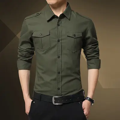 Men's Black Long Sleeve Slim Fit Shirt with Epaulette Pockets