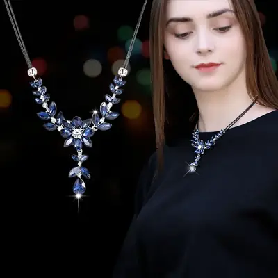 Blue Crystal Flower Necklace for Women