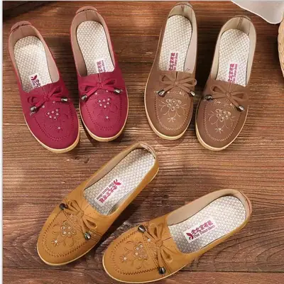 Women Slip-on Casual Shoes Tan Leather Elderly Comfortable