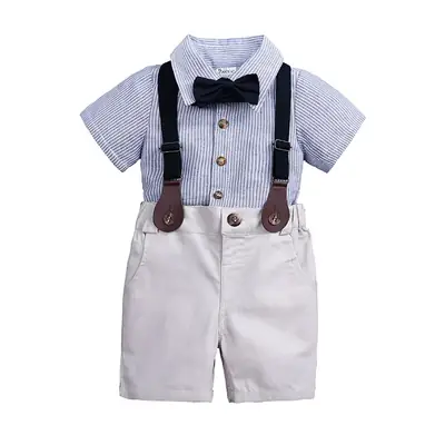 Summer Boys Suit with Bow Tie Shirt & Suspender Shorts Set