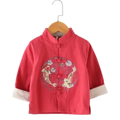 Red Embroidered Hanfu Shirt for Boys Girls Cotton Linen Spring Autumn