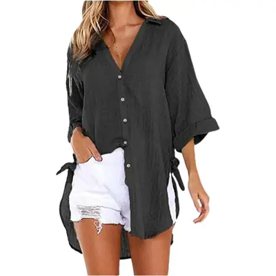 Green Lace-Up Button Asymmetrical Women's Shirt