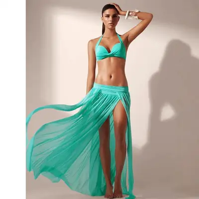 Pink Mesh Swim Skirt Set with High Slit Design