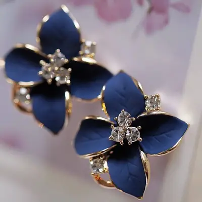 Korean Camellia Earrings Sapphire Blue Women