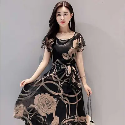 2019 Black Floral Slim Fit Midi Dress for Women